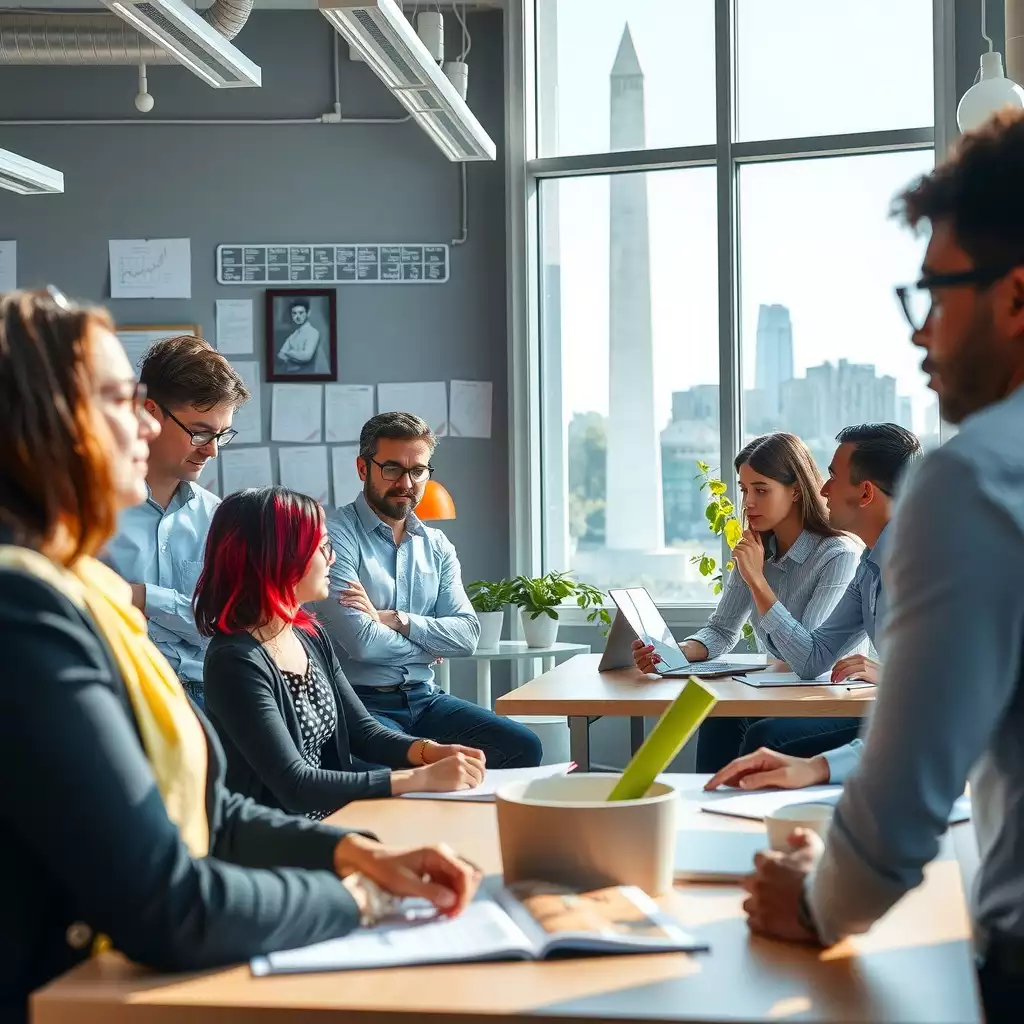 A vibrant office environment in Washington DC showcasing diverse professionals engaged in teamwork and collaboration, reflecting a dynamic and innovative workspace.