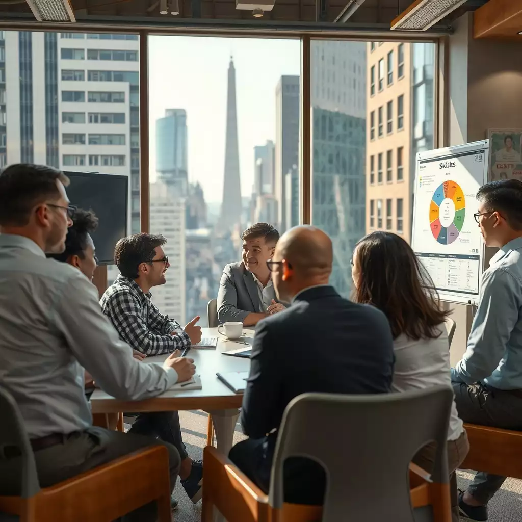 A diverse team collaborating in a modern workspace, surrounded by charts and visual aids illustrating skills mapping and strategic thinking.