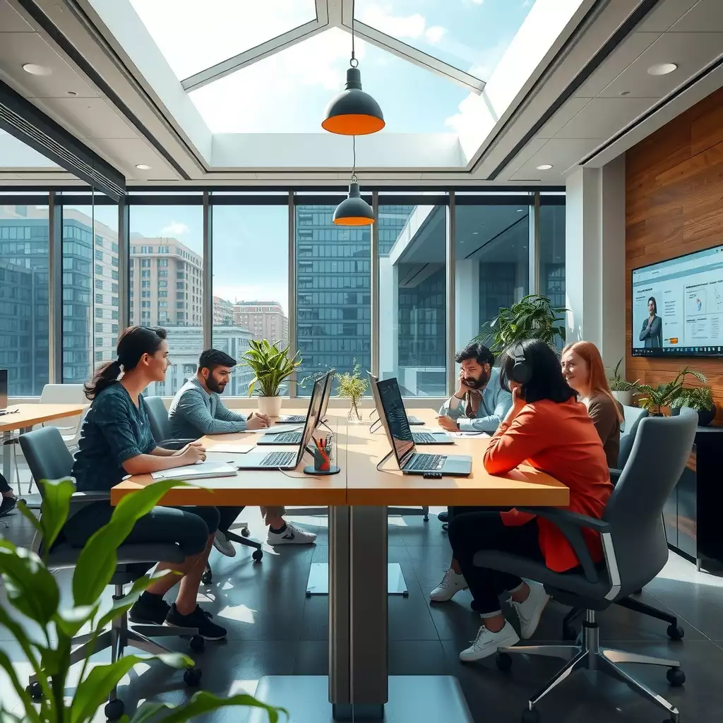 A diverse team of professionals collaborates in a modern workspace, discussing data analytics and strategic planning, surrounded by technology and resources that inspire innovation and excellence in public service.