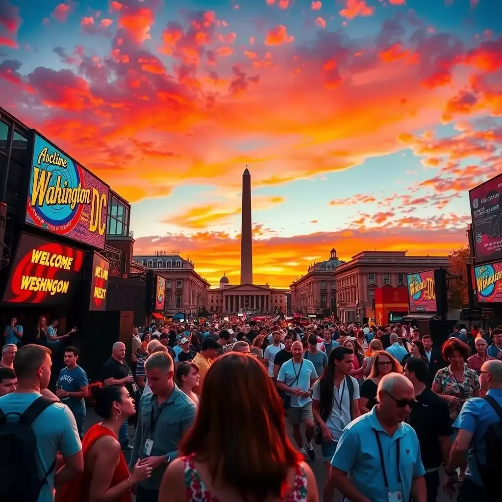 A vibrant urban scene in Washington DC showcasing diverse groups of people enjoying live performances, iconic landmarks illuminated by a colorful sunset, and a lively atmosphere filled with creativity and energy.