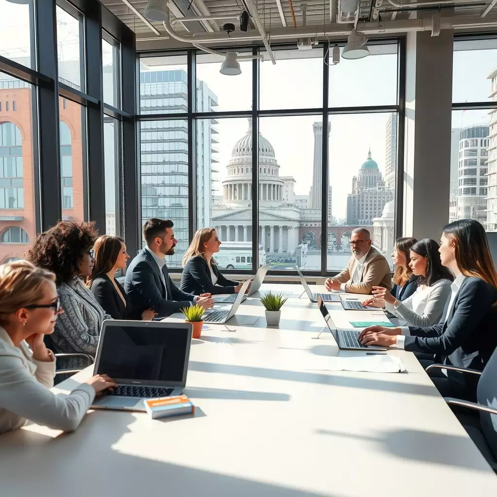 A diverse group of professionals engaged in a collaborative meeting around a conference table, with iconic Washington DC architecture visible through large windows.