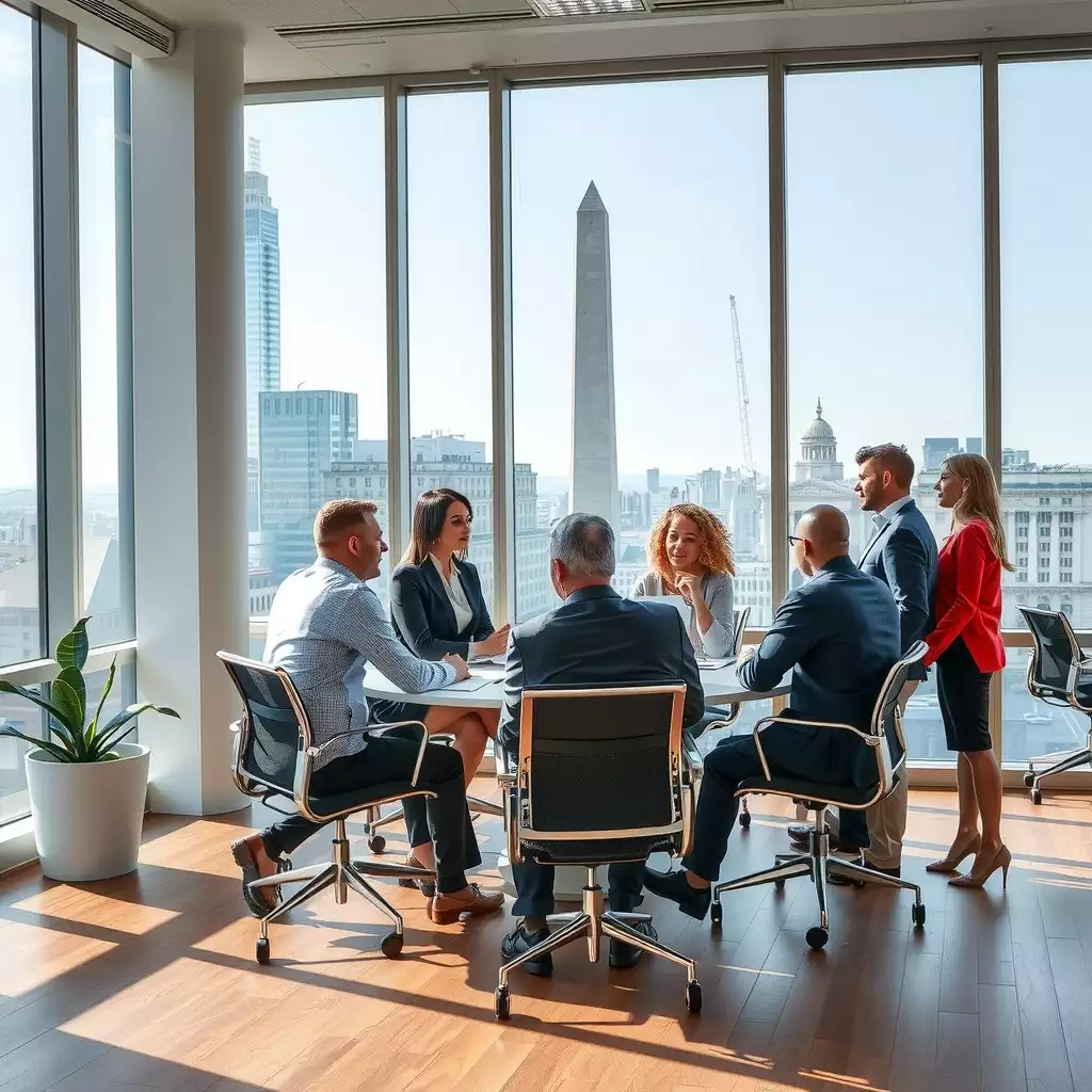 A diverse group of professionals engaged in a collaborative discussion in a modern office setting, with large windows showcasing Washington DC's iconic architecture.
