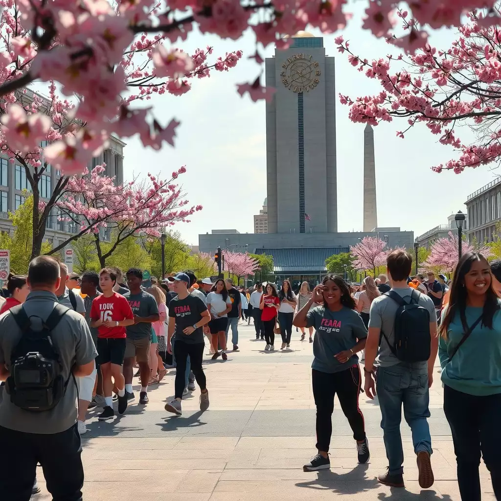 A vibrant talent search event in Washington DC, featuring enthusiastic participants showcasing diverse skills amidst cherry blossoms and iconic landmarks.