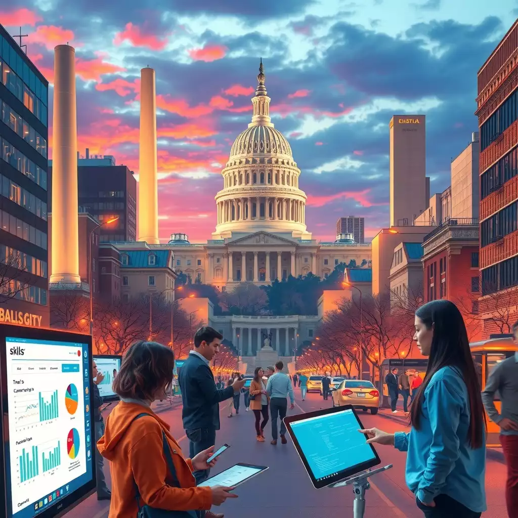 A dynamic urban scene in Washington DC, featuring iconic landmarks and diverse professionals collaborating around digital skill maps and hiring plans, symbolizing innovation and opportunity.