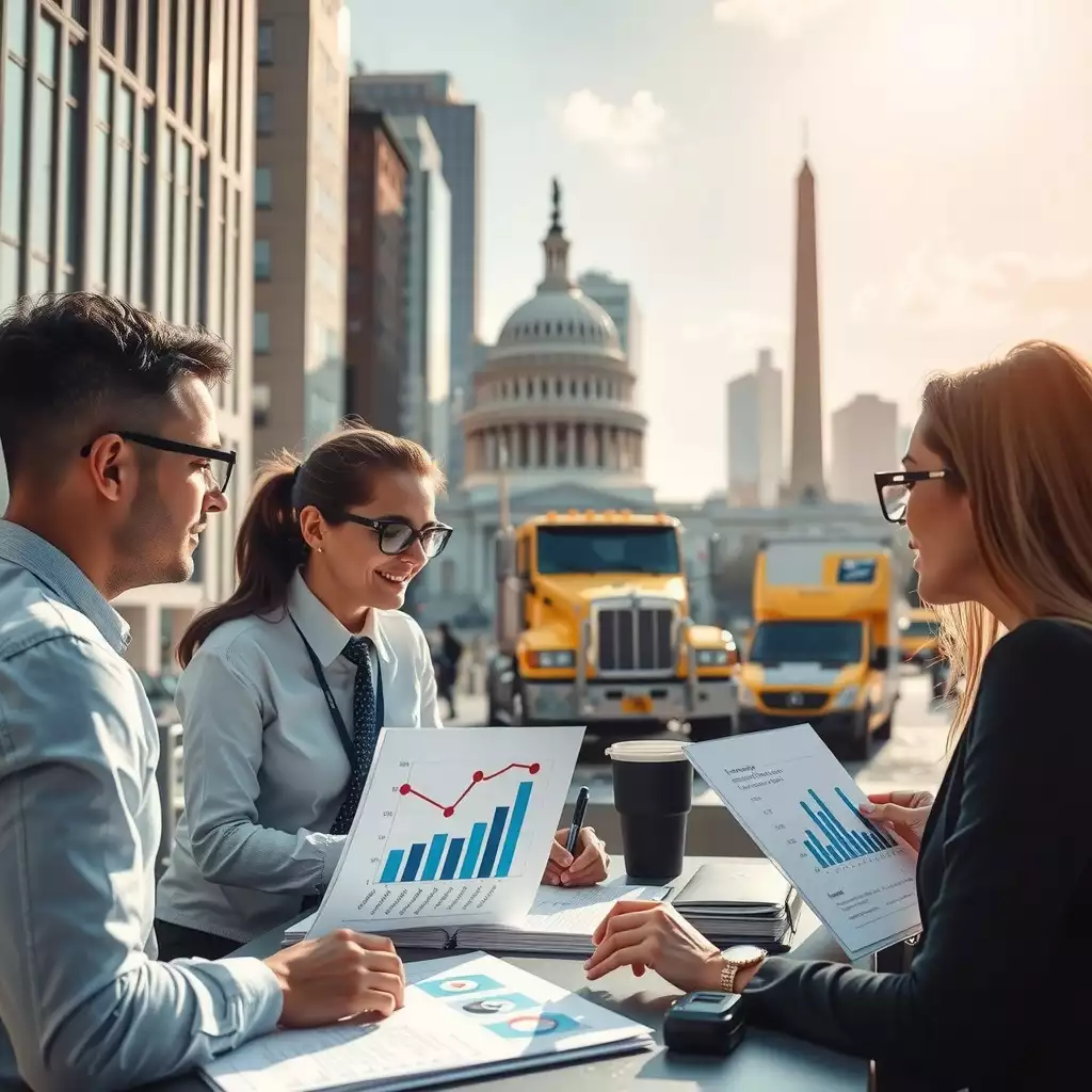 A bustling scene in Washington D.C. featuring professionals discussing data trends, with iconic landmarks in the background and visual elements representing service level agreements and governance accountability.