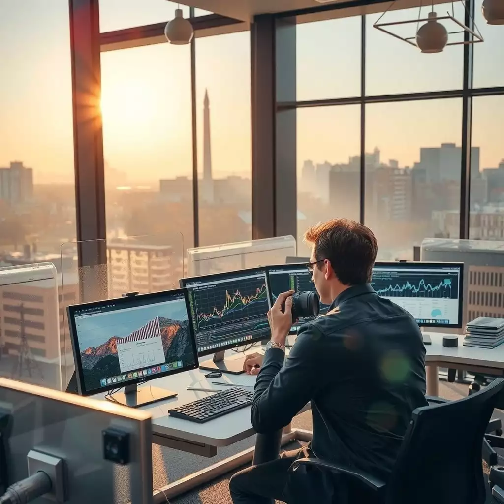 A vibrant office scene in Washington DC, featuring professionals engaged in data analysis on modern computer screens, with iconic landmarks visible through large windows, conveying a sense of innovation and urgency in digital analytics.