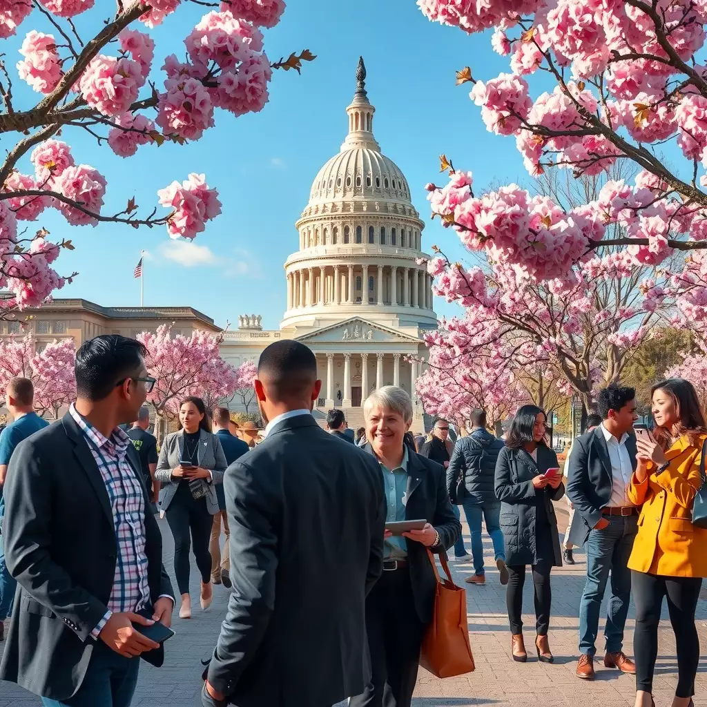 A bustling urban scene in Washington DC featuring diverse professionals discussing data and offer acceptance rates, with iconic landmarks and cherry blossom trees in the background.