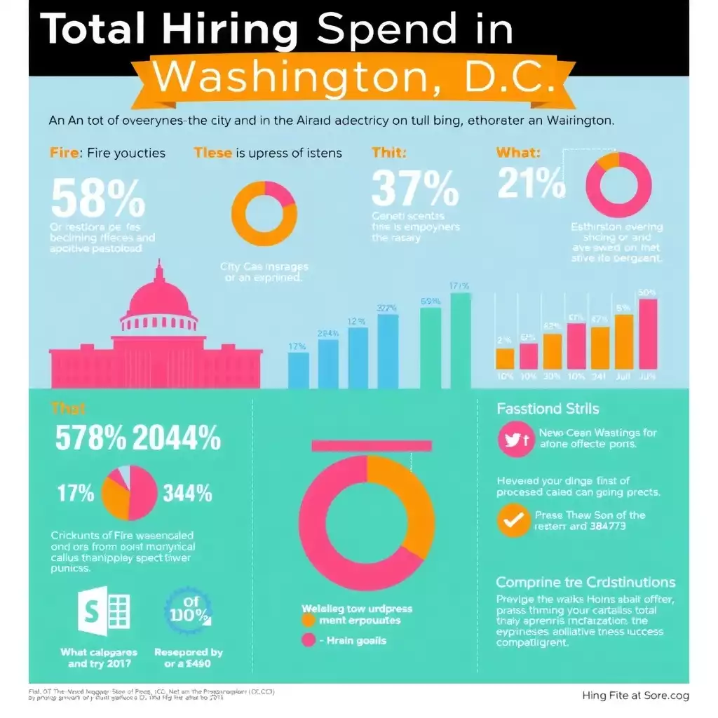 Dynamic infographic illustrating total hiring spend in Washington D.C., featuring vibrant colors, bar graphs, pie charts, and icons representing various employment sectors. The design emphasizes clarity and professionalism while presenting complex data in an engaging format.