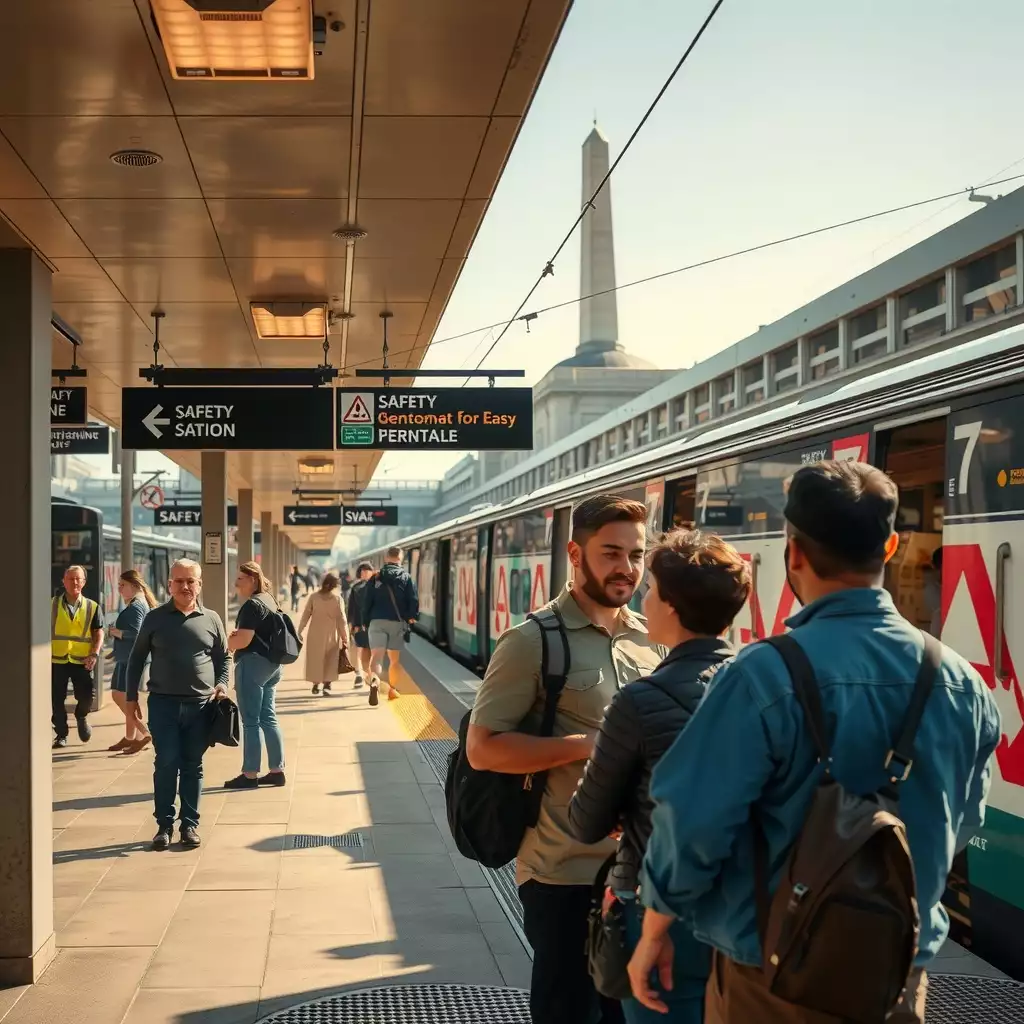 A bustling train station in Washington, D.C., showcasing commuters interacting with safety signage and staff, highlighting safety protocols and the architectural beauty of the station.