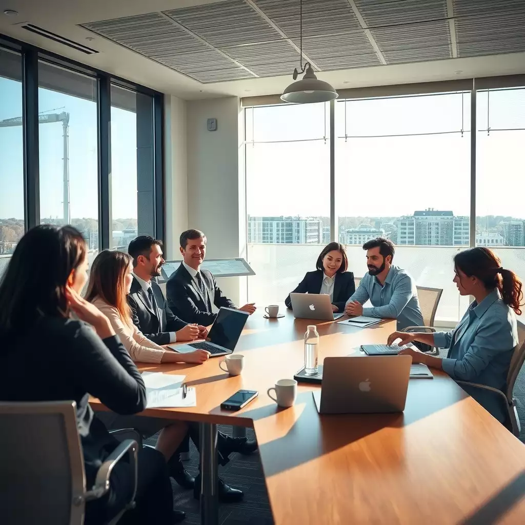A group of managers engaged in a professional training session in a modern conference room, surrounded by visual aids and materials, showcasing collaboration and focus on lawful interview practices.