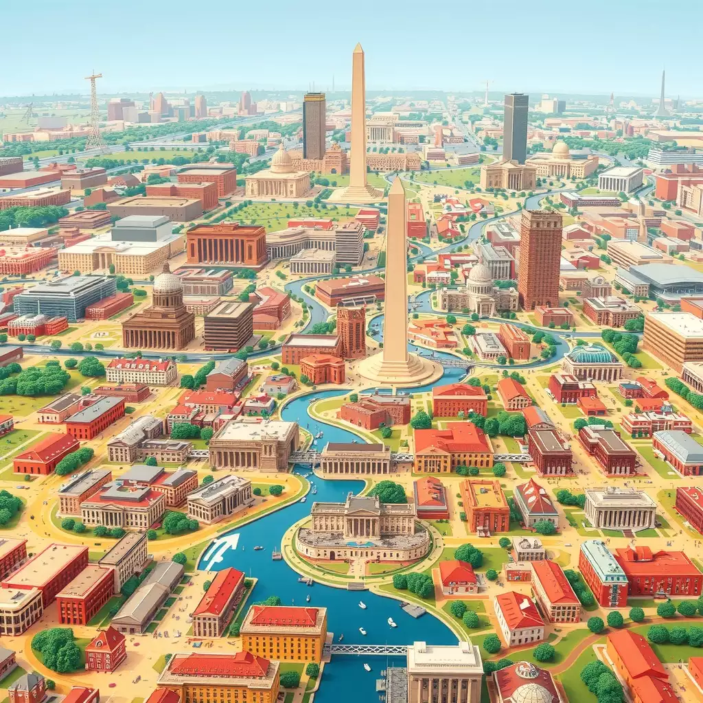 Dynamic map of Washington DC showcasing key landmarks, neighborhoods, and recent organizational changes with vibrant colors and clear typography.