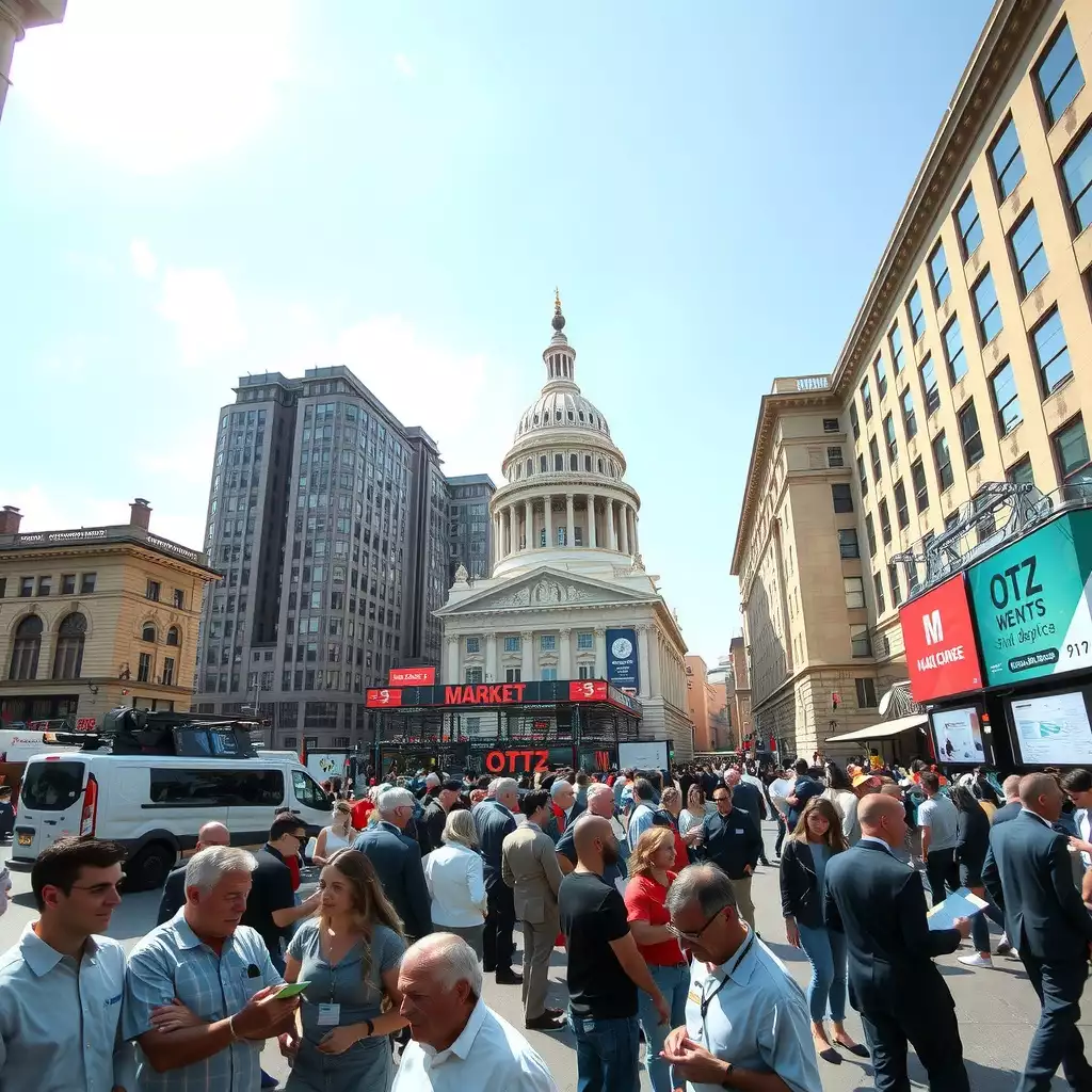 A vibrant urban market scene in Washington D.C., featuring diverse professionals engaged in discussions, digital screens displaying market data, and iconic architecture in the background. The atmosphere reflects optimism and resilience, showcasing the city’s rich culture and dynamic economic activity.