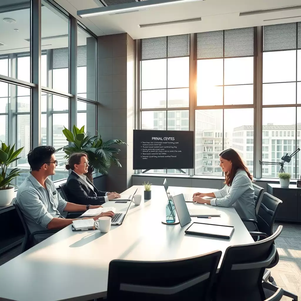 A modern office workspace in Washington, D.C., featuring natural light, organized documents, digital screens displaying privacy policies, and staff members collaborating on privacy initiatives.