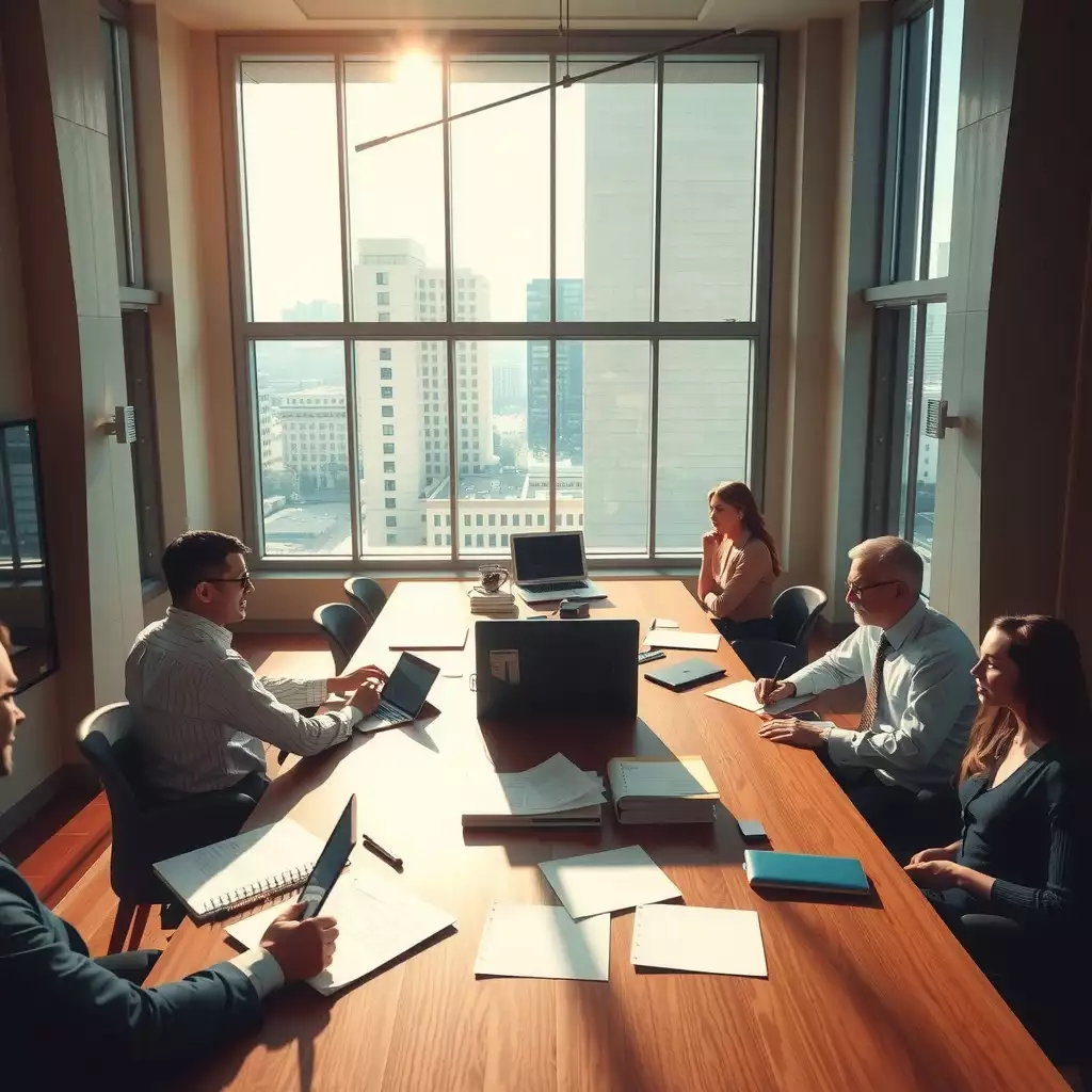 A diverse group of professionals collaborates around a conference table in a bustling government office, with modern technology and documents scattered across the table, conveying teamwork and innovation.