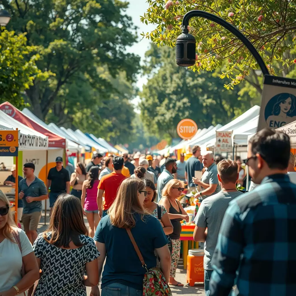 A vibrant marketplace scene in Washington, D.C., featuring diverse vendors, colorful booths, and engaged attendees celebrating local culture and community spirit.