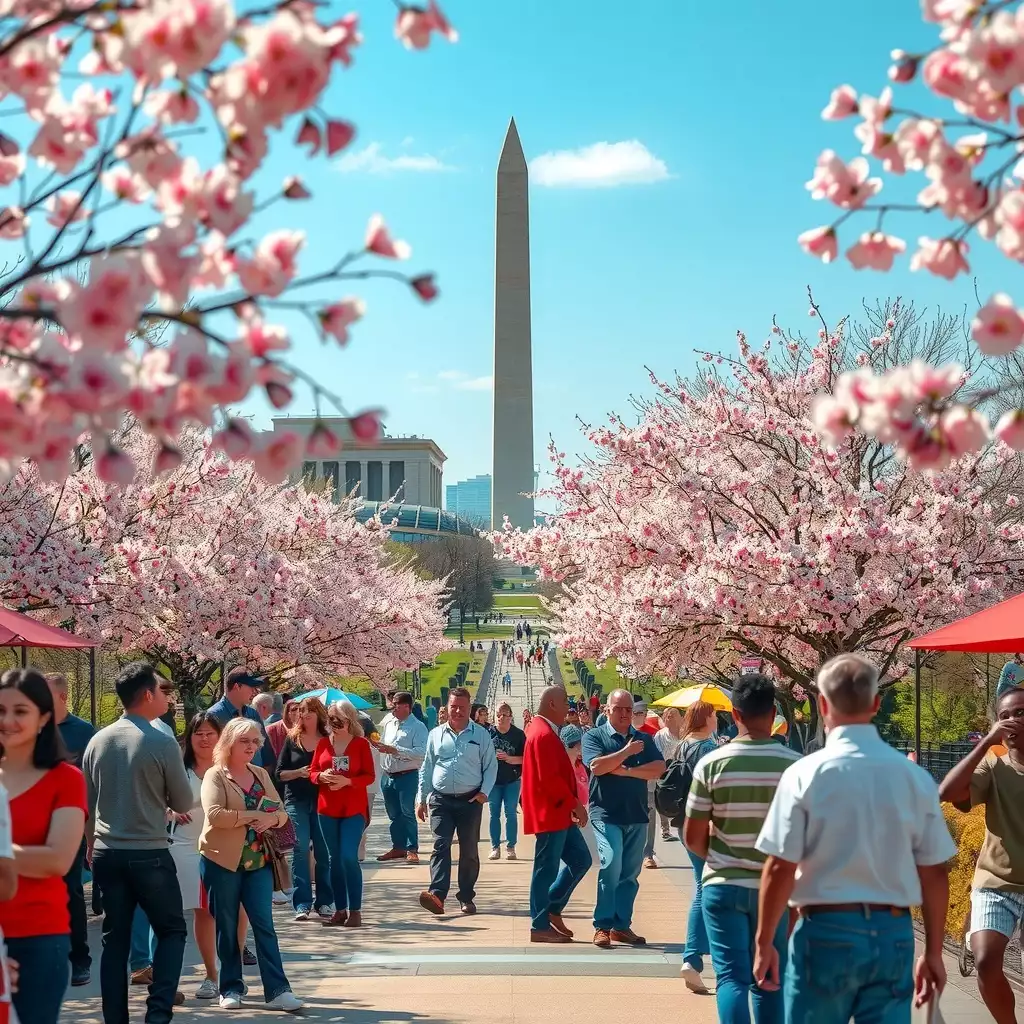 A vibrant scene in Washington DC showcasing cherry blossoms, iconic landmarks, and diverse groups of people engaging in conversation while using digital devices to access local reviews.