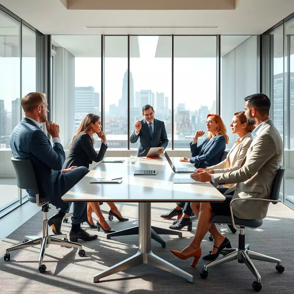 A diverse group of panelists engaged in a dynamic interview with a candidate in a modern conference room, showcasing professionalism and collaboration in a key decision-making process.