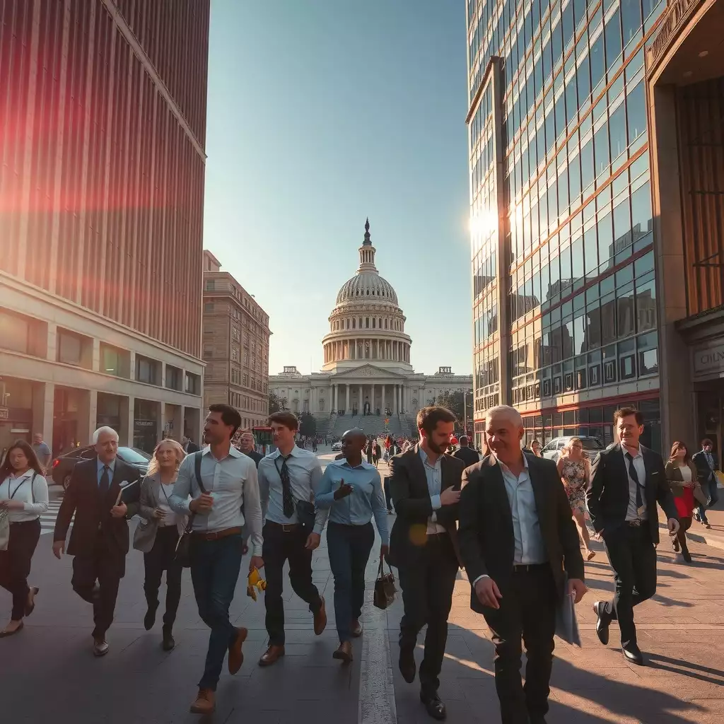 A bustling Washington D.C. workplace scene showcasing diverse professionals interacting and collaborating outdoors, with iconic landmarks in the background, reflecting innovation and progress in a dynamic work environment.