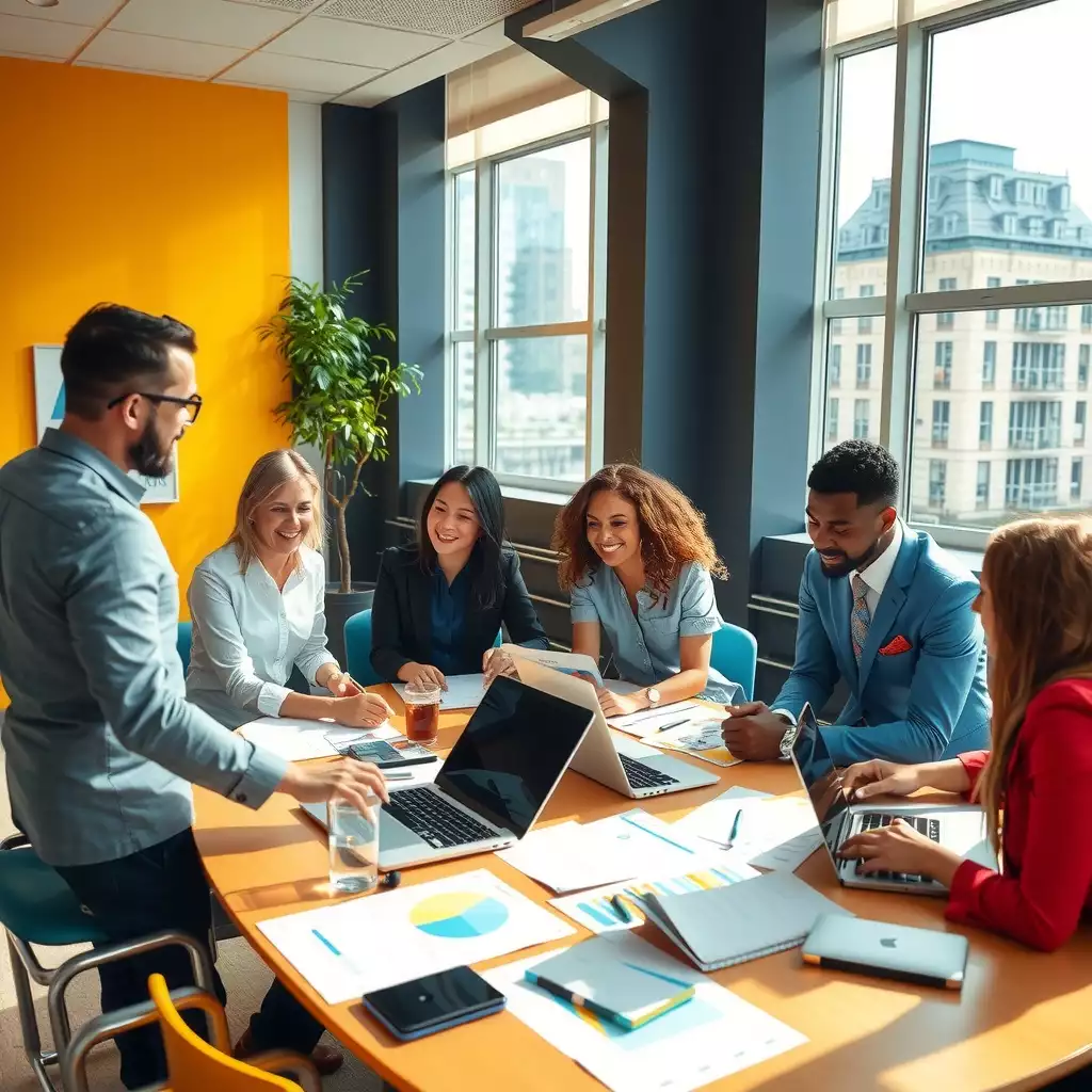 A diverse team collaborating around a table with scorecards and laptops in a vibrant office setting, reflecting teamwork and innovation.