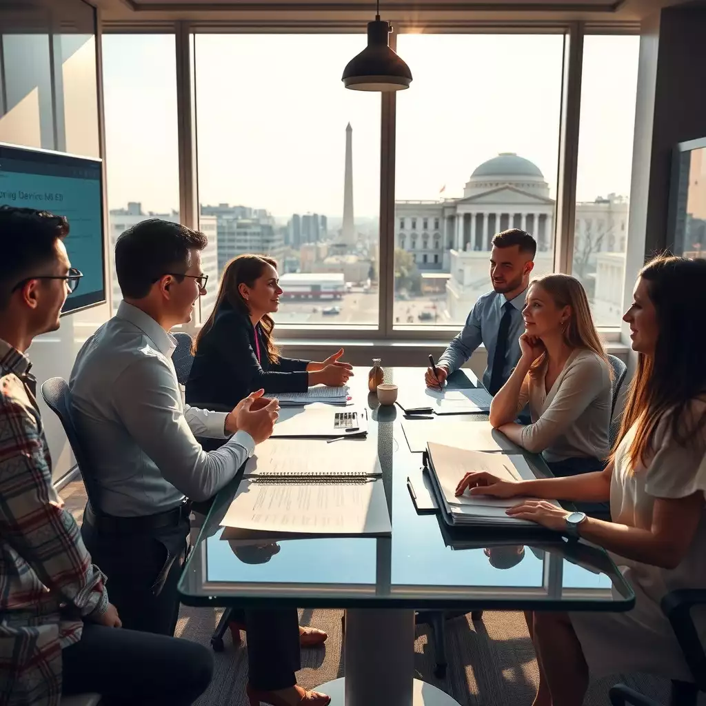 A modern conference room in Washington DC filled with diverse professionals engaged in discussion, with natural light illuminating documents and digital displays. Iconic DC architecture is visible through large windows, emphasizing collaboration and professionalism.