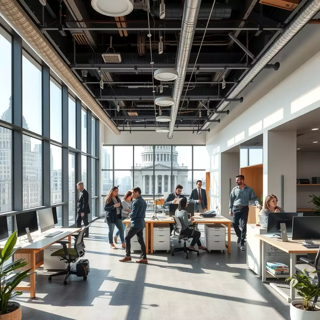 A vibrant modern office space in Washington DC, featuring engaged professionals collaborating amidst contemporary design elements and large windows showcasing the city’s iconic architecture.