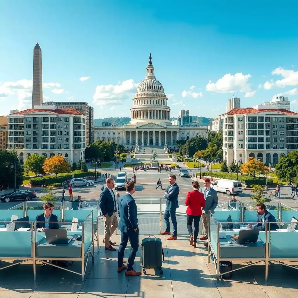 A busy urban scene in Washington DC showcasing professionals collaborating in modern workspaces, with iconic city architecture in the background, symbolizing innovation and efficiency in staffing.