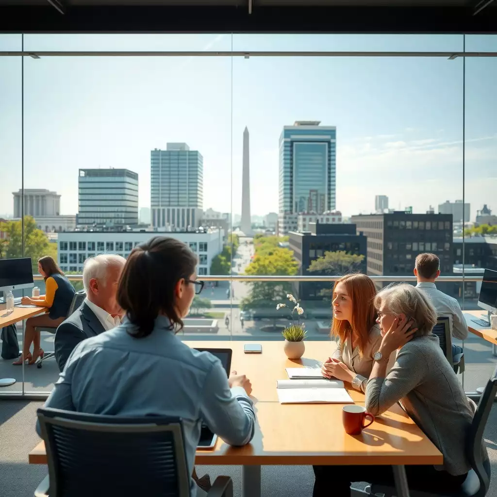 A bustling office environment in Washington, DC, featuring modern buildings and engaged employees in discussion, reflecting the dynamic corporate atmosphere.