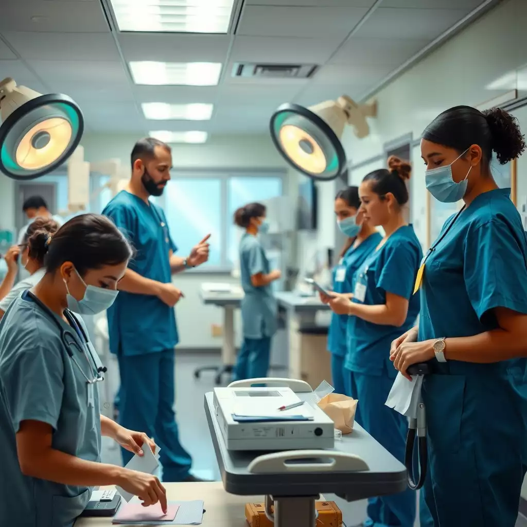 A dynamic healthcare workplace in Washington, DC, featuring diverse professionals collaborating with advanced medical technology, providing patient care that reflects urgency and compassion.