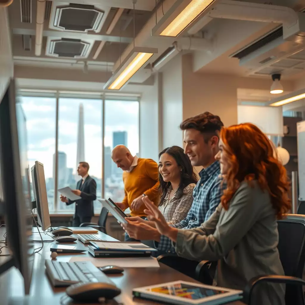 A bustling office scene in Washington, DC, featuring diverse professionals collaborating with technology and digital interfaces, set against iconic landmarks, showcasing a sense of growth and adaptability.