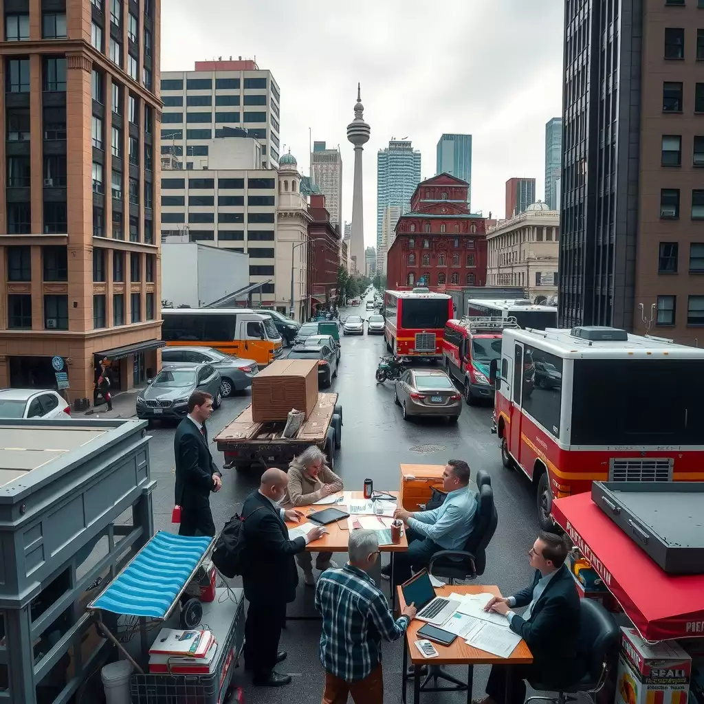 A bustling urban scene in Washington State, featuring people discussing financial documents and charts outside office buildings, with iconic landmarks in the background on an overcast day.