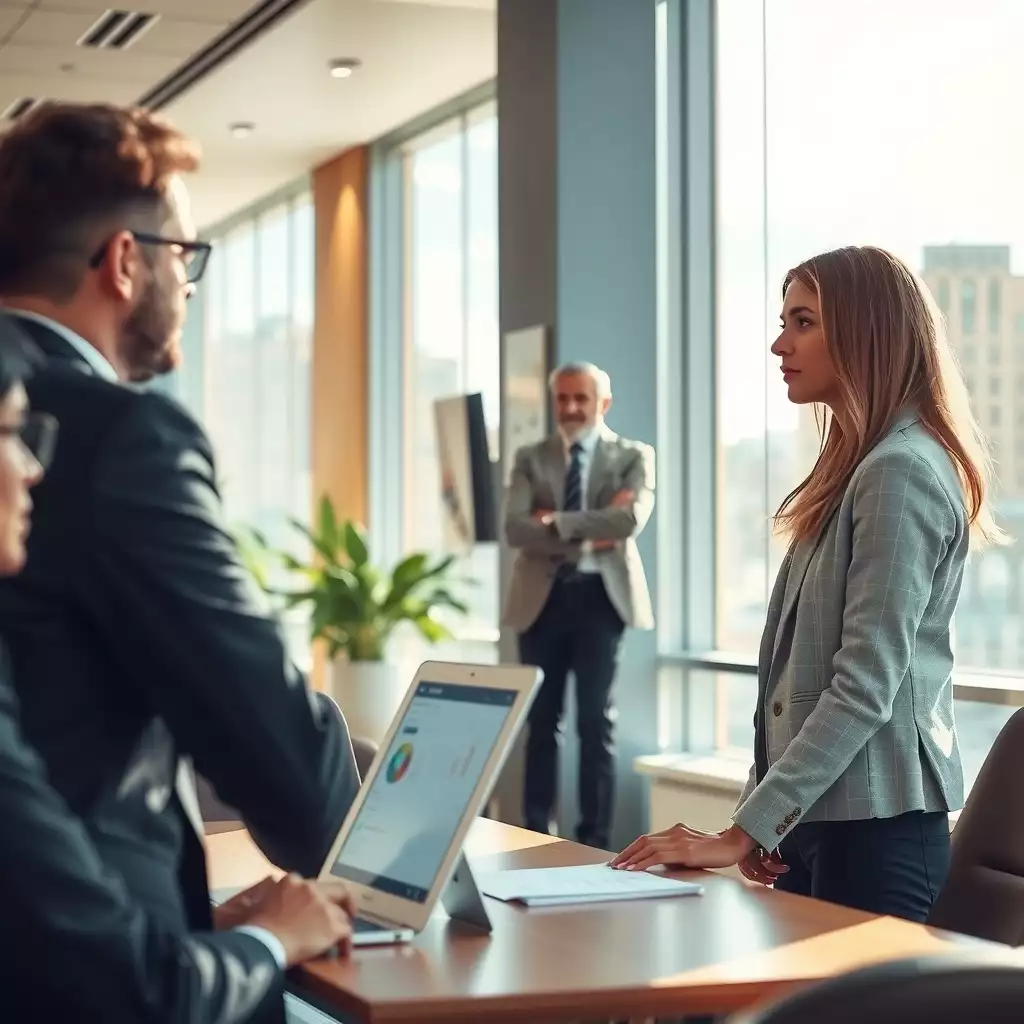 A modern office environment in Washington DC, featuring professionals engaged in collaborative discussions, with large windows allowing natural light to illuminate the space.