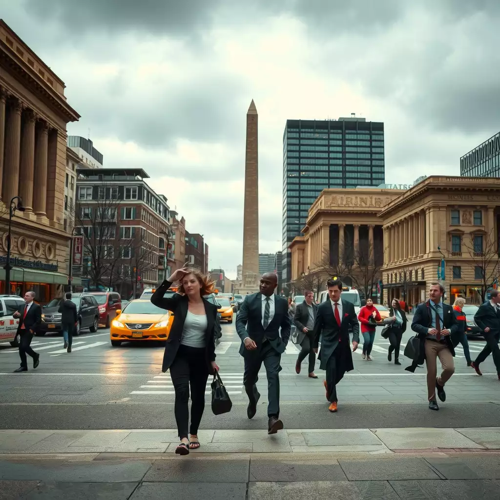 A dynamic urban scene in Washington, DC, featuring silhouettes of professionals walking briskly past iconic landmarks, capturing the energy and competition of the city's workplace culture.