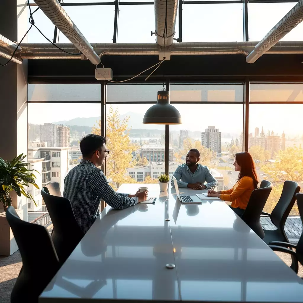 A diverse group of professionals engaged in discussion around a modern conference table, with large windows showcasing views of lush greenery, highlighting collaboration and strategic planning in a contemporary office setting.