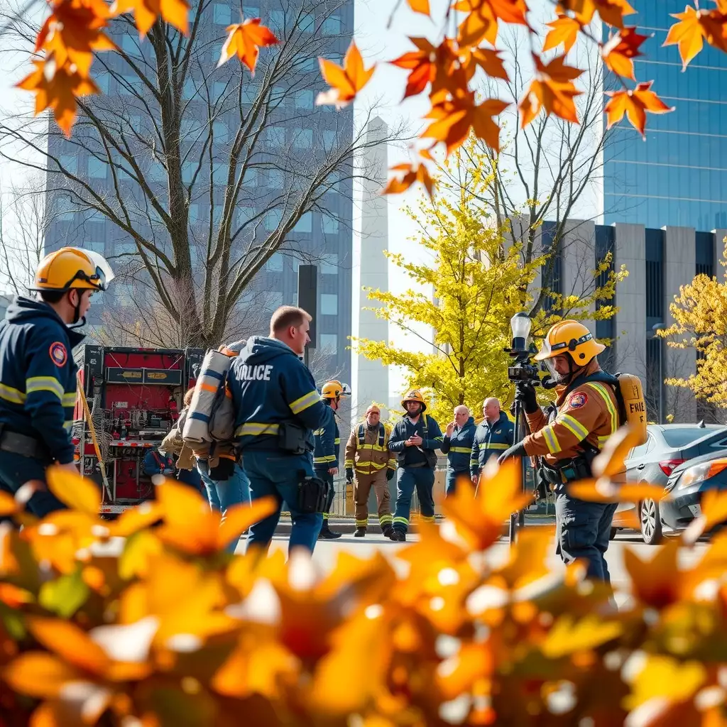Emergency responders collaborate during a safety drill in an urban setting, surrounded by vibrant autumn foliage, showcasing teamwork and preparedness.