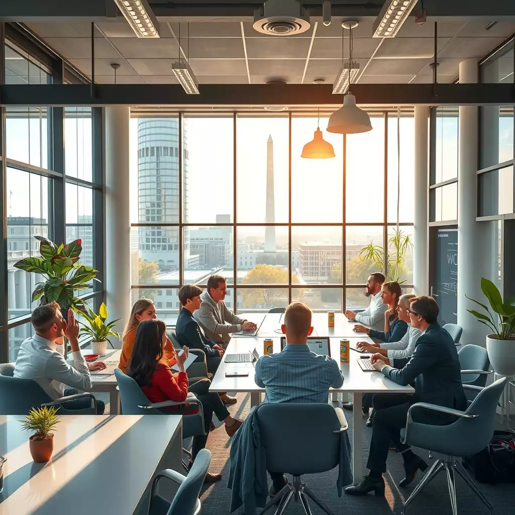 A vibrant modern workspace in Washington DC, featuring diverse professionals engaged in collaborative discussions, with iconic architecture in the background.