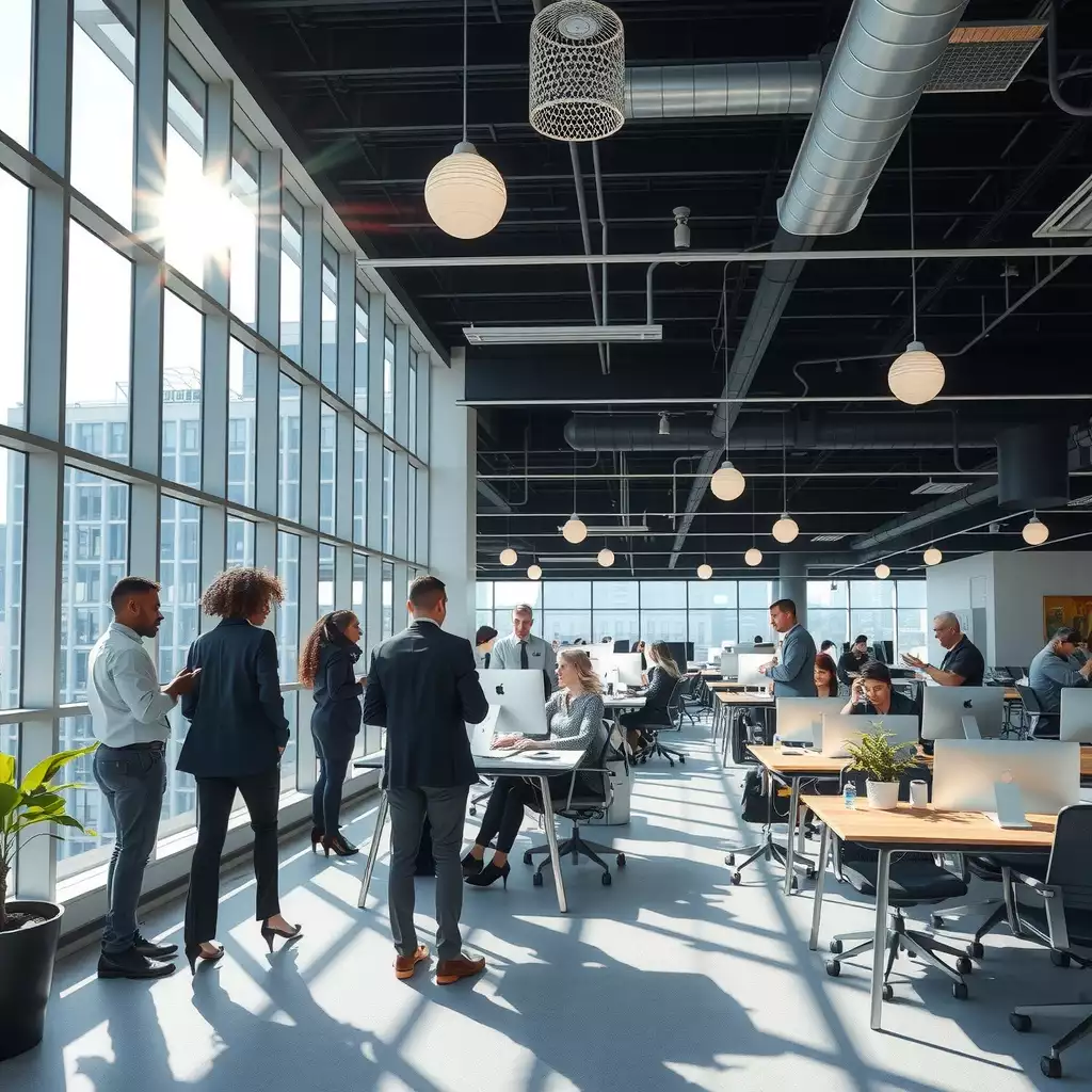 Modern office environment in Washington D.C. featuring diverse teams engaged in collaborative discussions, with bright natural light illuminating a contemporary workspace.