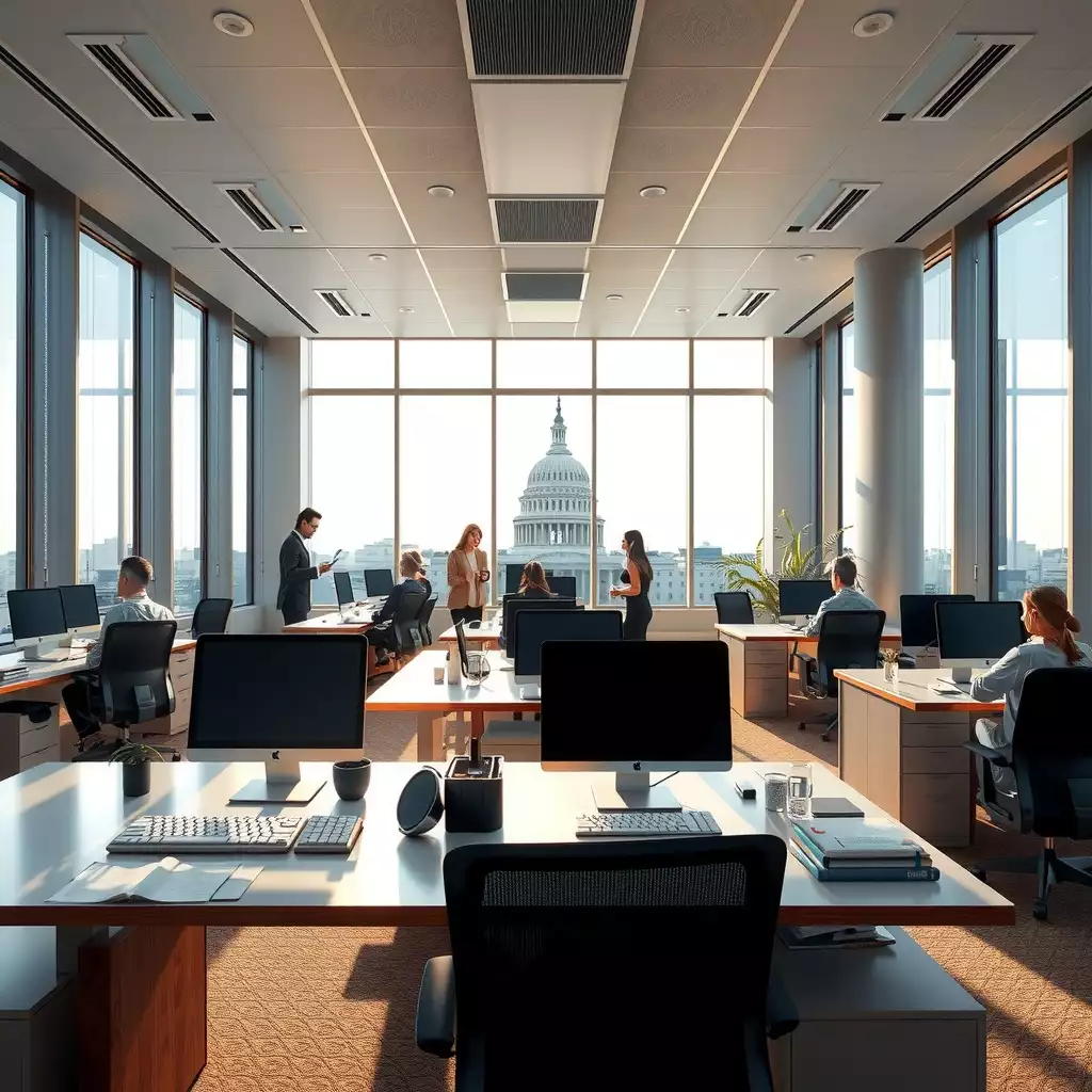 Professional office environment in Washington, D.C., featuring neatly arranged desks and employees engaged in productive discussions, with iconic architecture visible through large windows.