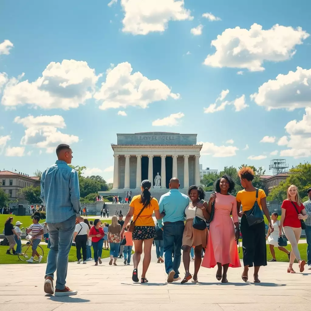 A vibrant scene in Washington, D.C. featuring diverse individuals engaging and connecting near iconic landmarks, embodying themes of inclusivity and community.
