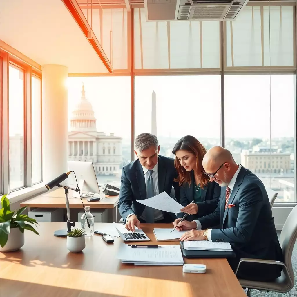A modern Washington, D.C. office workspace featuring professionals collaborating over contract documents, with hints of iconic landmarks in the background and visual representations of legal concepts related to co-employment.